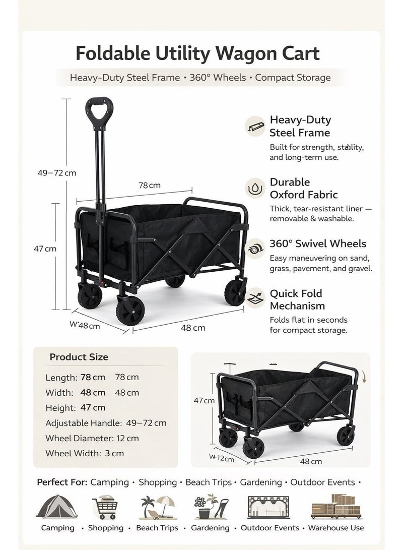 ج ت س آ ل عربة تسوق قابلة للطي شديدة التحمل – سعة تحميل 100 كجم – عربة متعددة الاستخدامات بعجلات دوارة 360° ومقبض قابل للتعديل – نسيج مقاوم للماء – مثالية للتسوق، الشاطئ، التخييم، والحديقة – باللون الأسود - Image 2